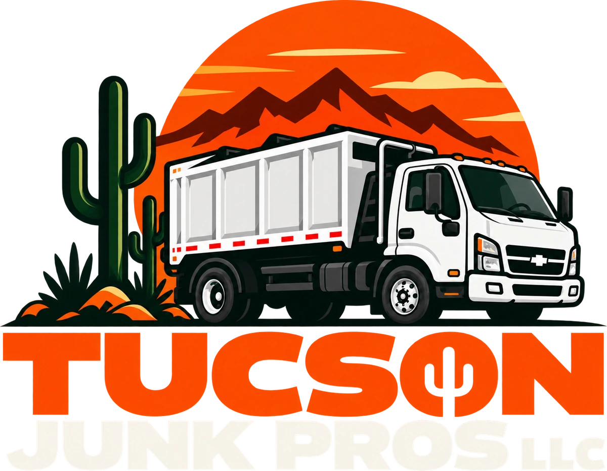 Tucson Junk Pros LLC logo with hauling truck, cactus and Tucson desert