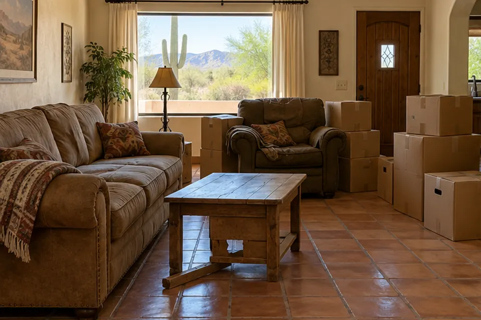 Illustrative living room before furniture removal, with an old sofa, chair and boxes