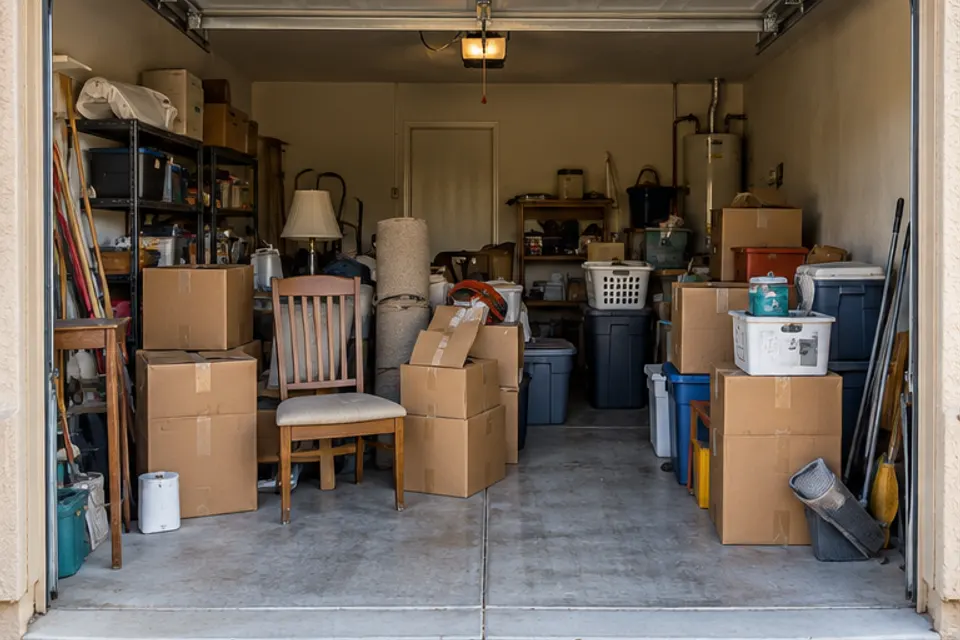 Illustrative Tucson garage before a cleanout, filled with boxes and household clutter