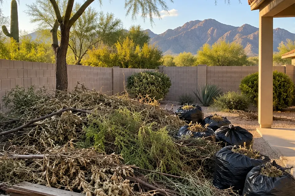 Illustrative Tucson backyard before cleanup, with branches, lumber and bagged yard waste