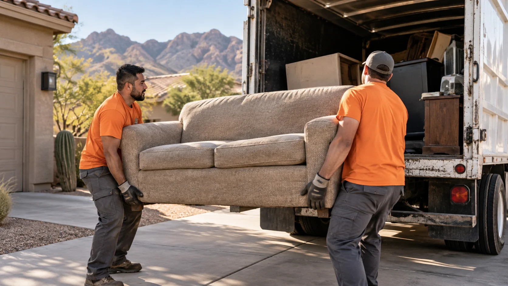 Illustrative scene of a sofa being carefully carried to a hauling truck